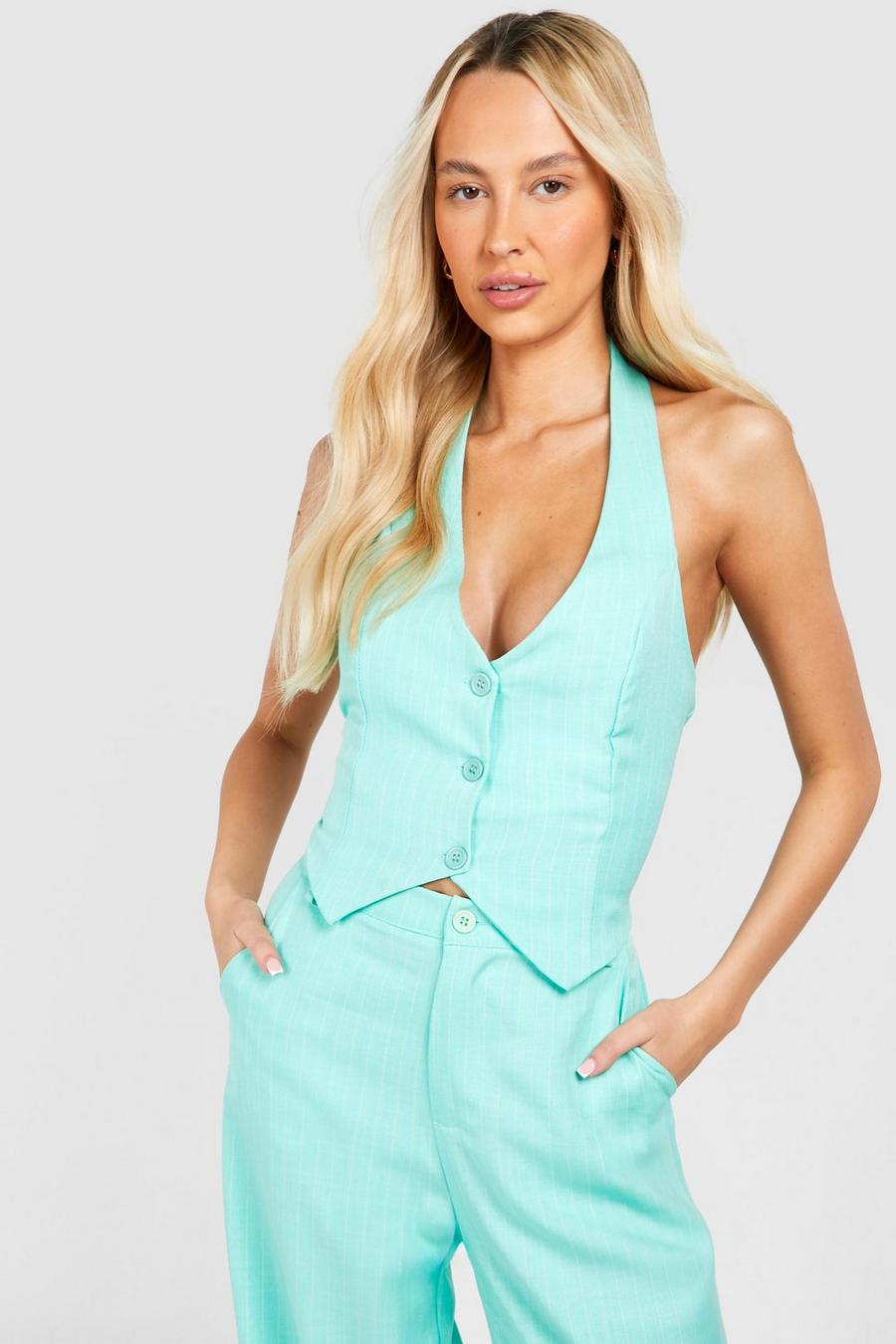 Green Tall Woven Pinstripe Halter Vest image number 1