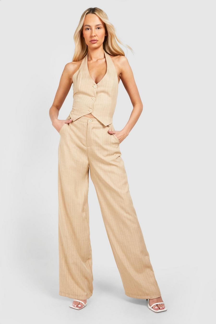 Stone Tall Woven Pinstripe Tailored Trousers 