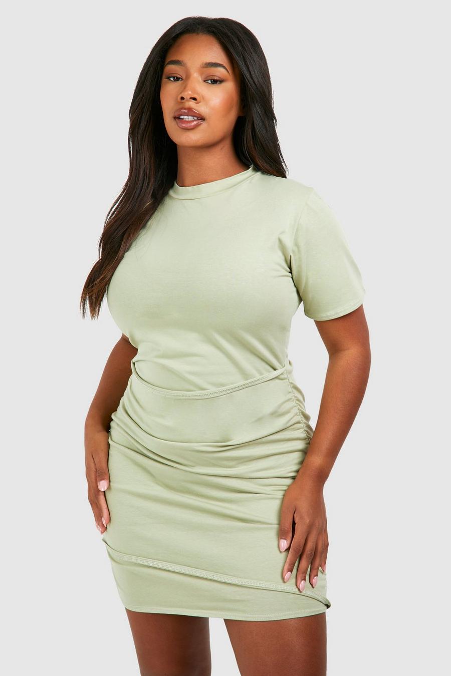 Sage Plus Cotton Elastane Ruched T-shirt Dress