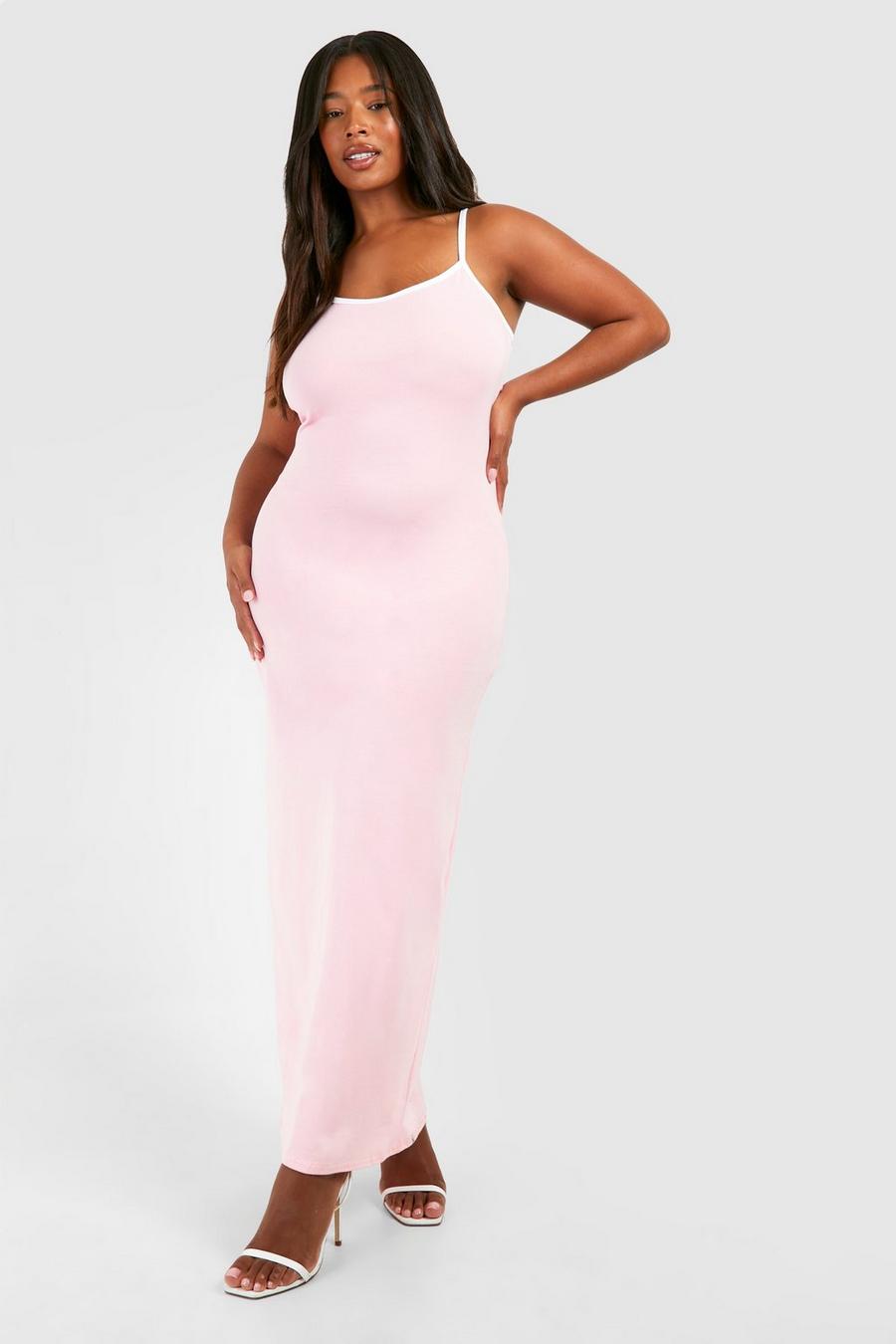 Vestito maxi Plus Size in cotone elasticizzato a contrasto, Baby pink image number 1