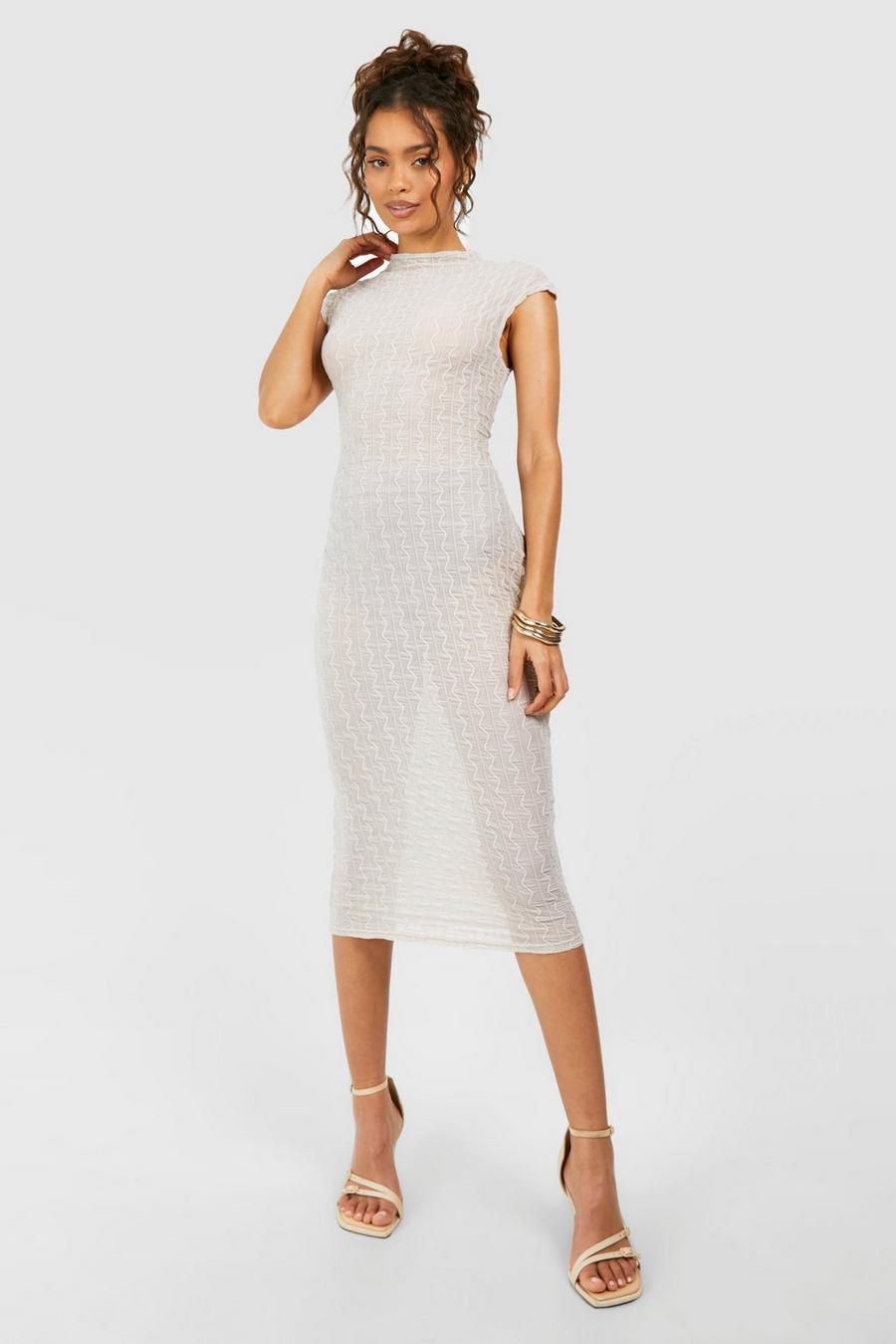 Ivory Funnel Neck Textured Cap Sleeve Midaxi Dress image number 1