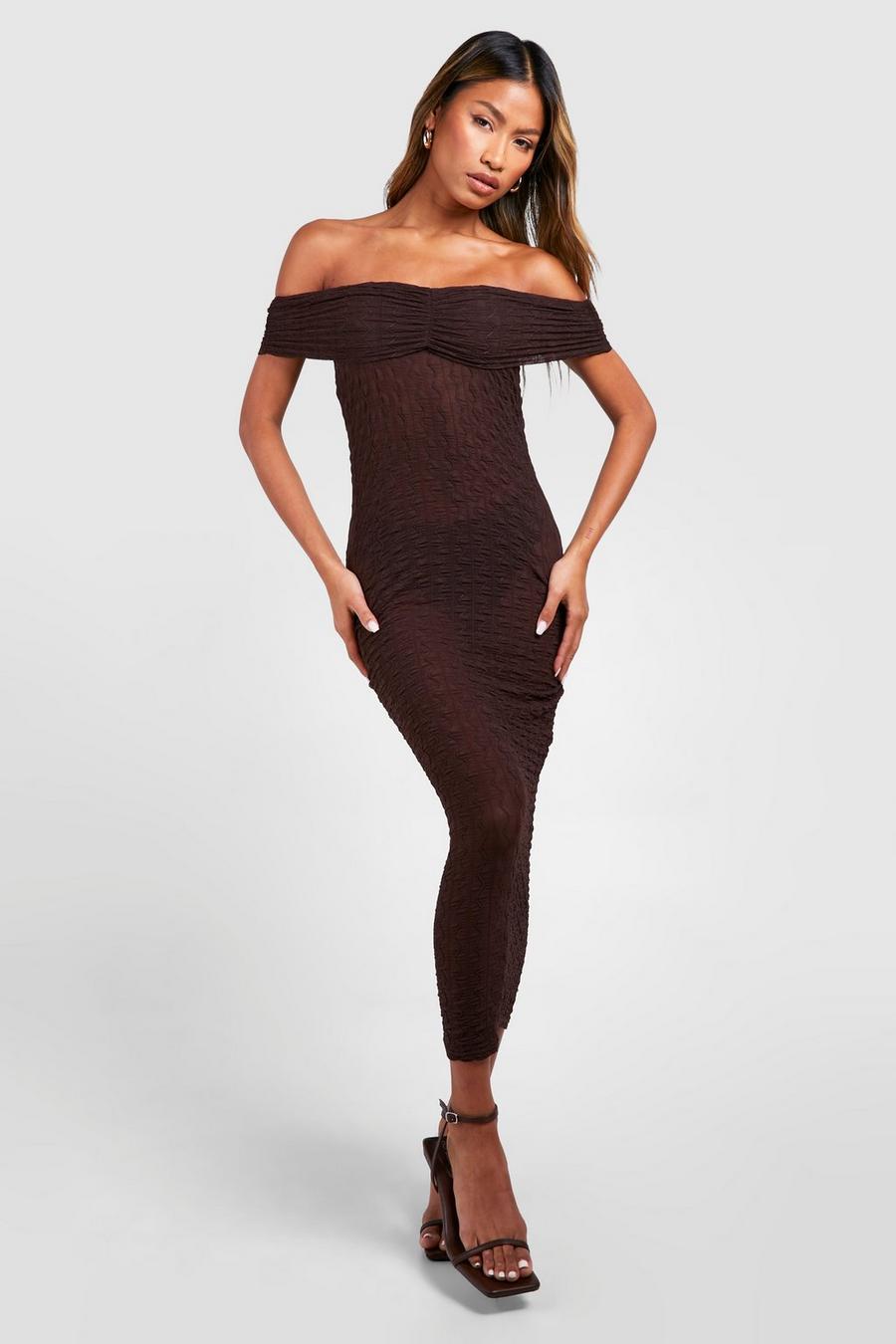 Chocolate Bardot Ruched Textured Midaxi Dress
