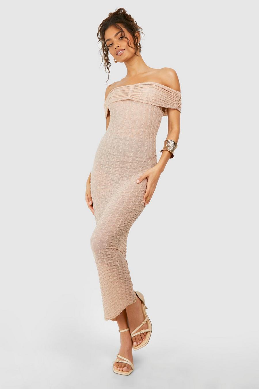 Nude Off The Shoulder Ruched Textured Midi Dress
