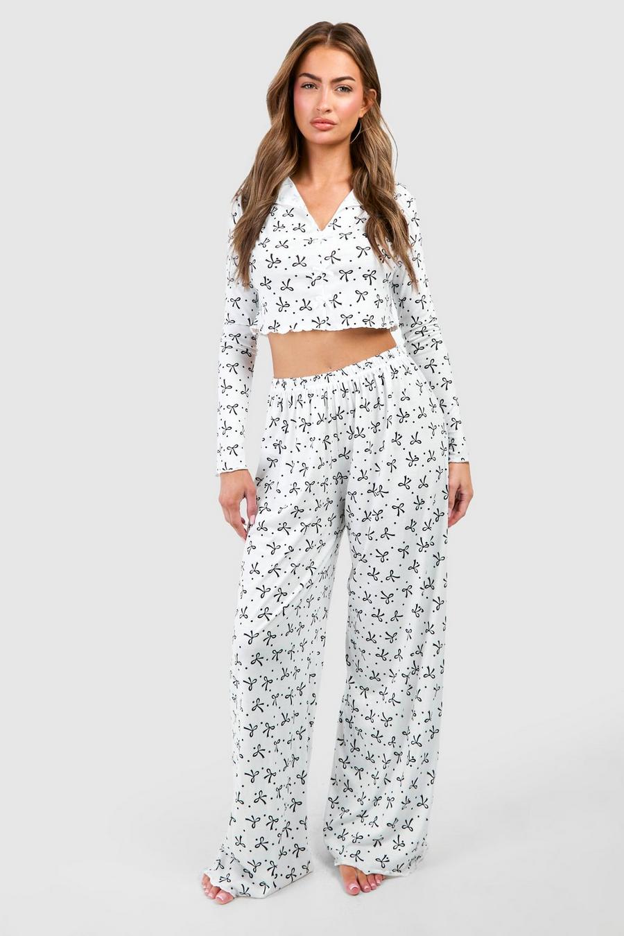Monochromes Pyjama-Set mit Schleifen, White