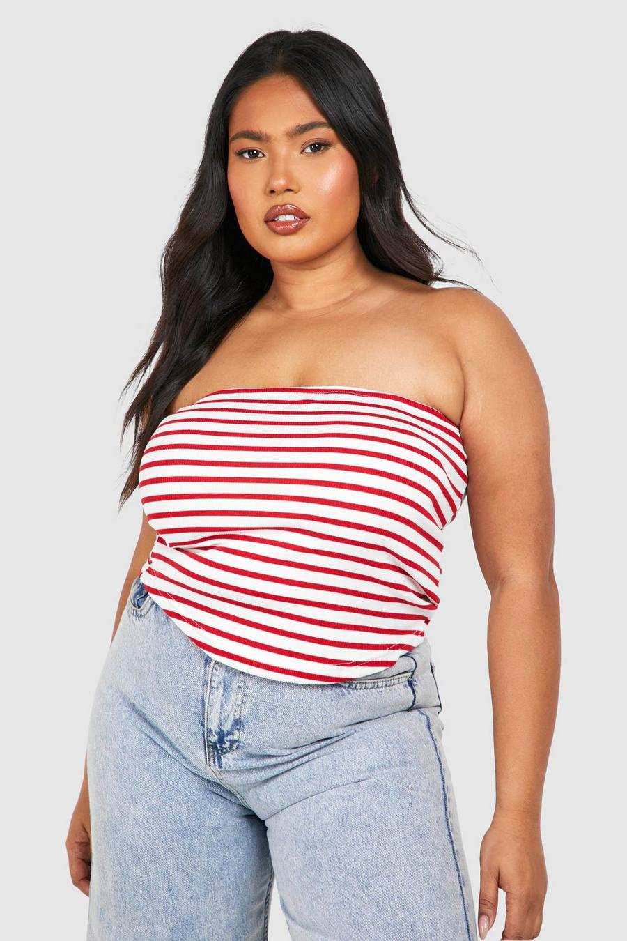 Top a fascia Plus Size lungo a coste a righe, Red image number 1