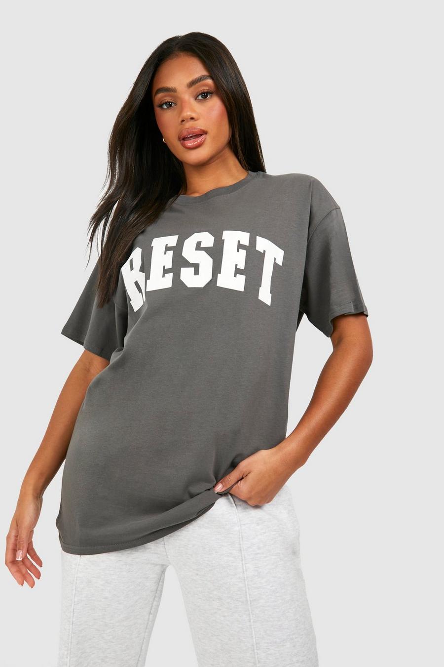 T-shirt oversize in cotone con scritta Reset, Dark grey