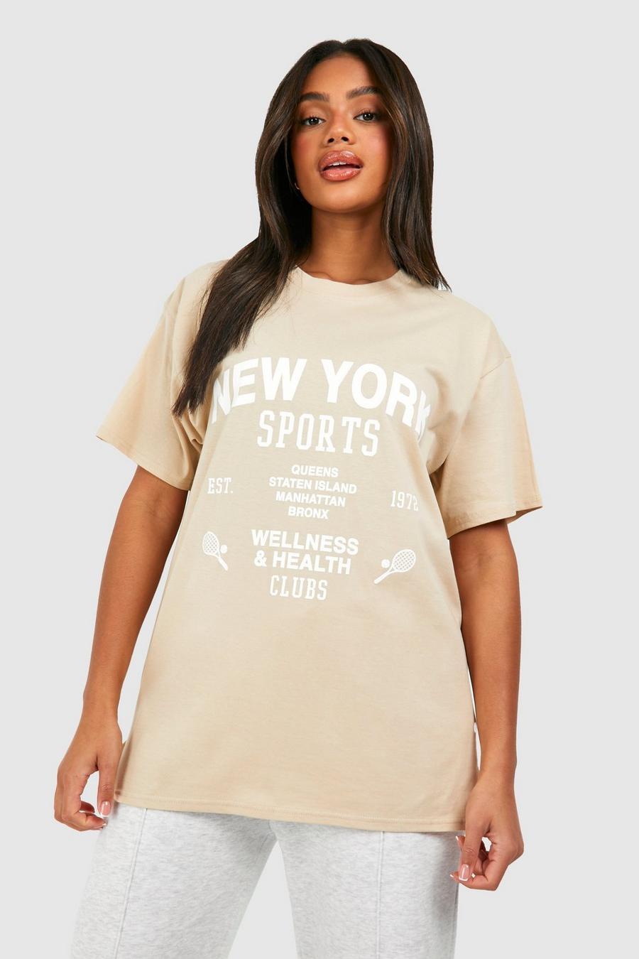 Oversize Baumwoll T-Shirt mit New York Print, Stone