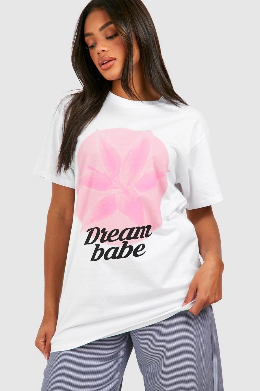 Oversize Baumwoll T-Shirt mit Dream Babe Print, White