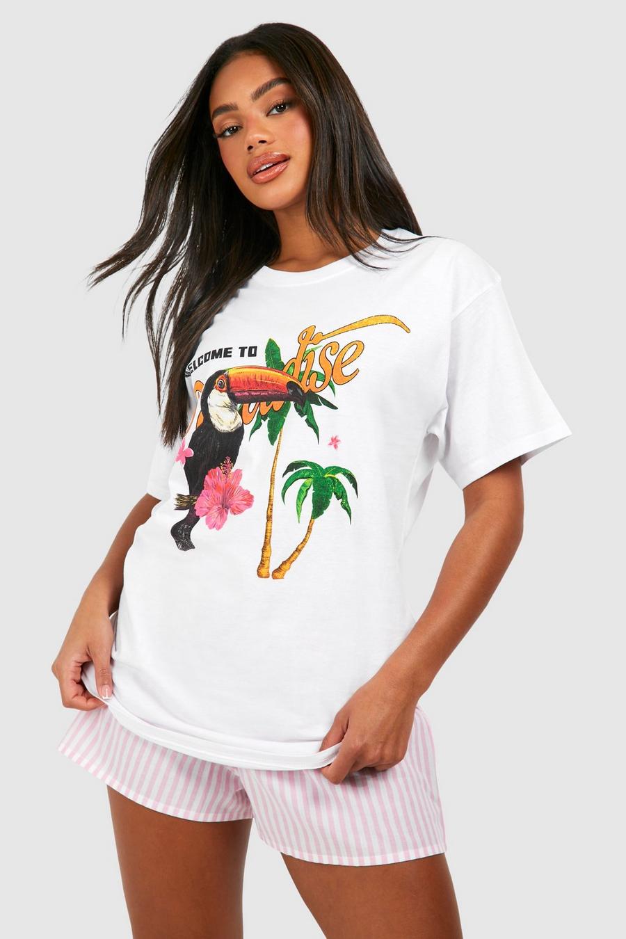 White Oversized Welcome To Paradise Printed  Cotton Tee 