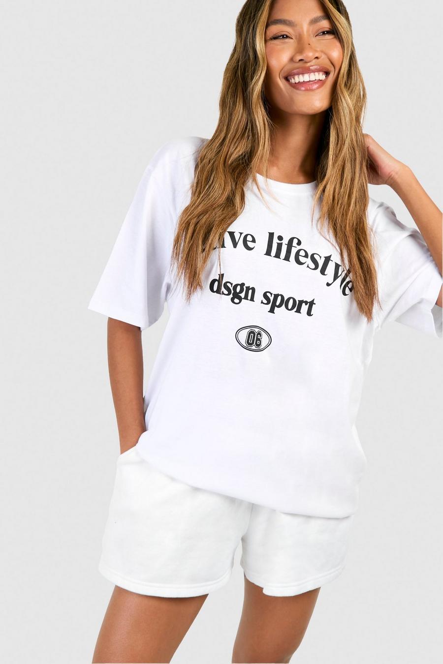 White Oversized  Active Lifestyle Chest Print Cotton Tee