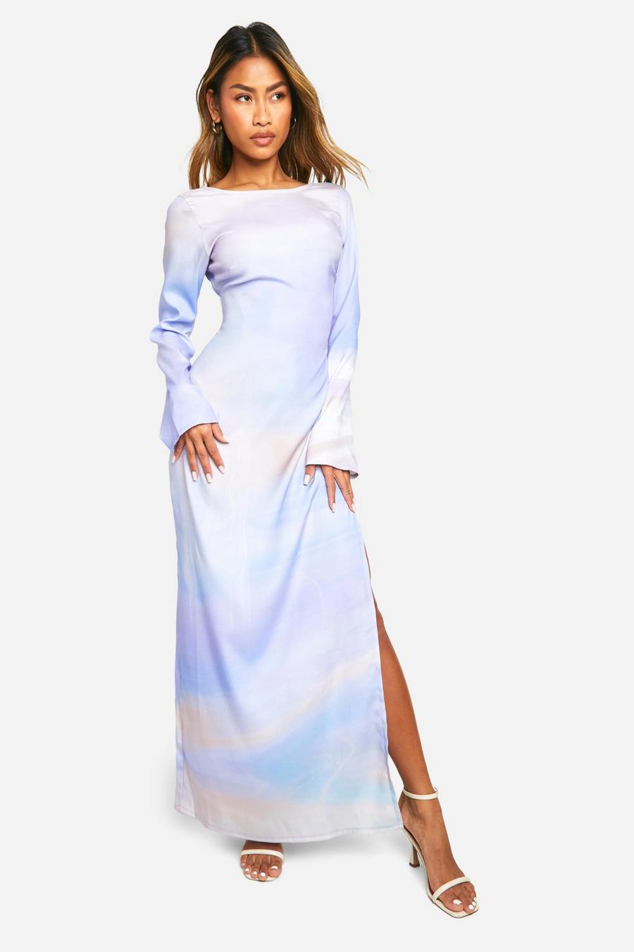 Lilac Satin Flare Sleeve Open Back Printed Maxi Dress