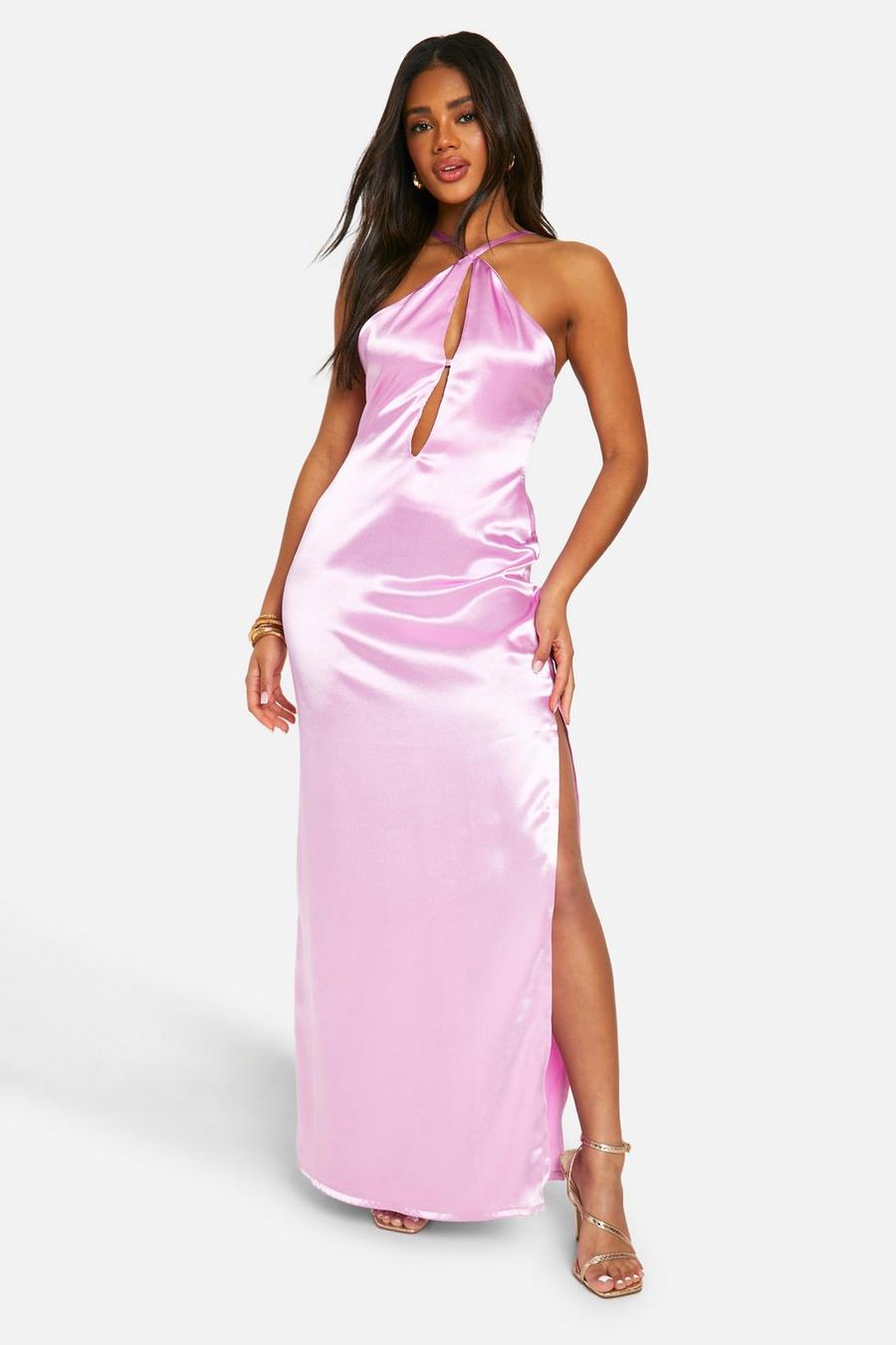 Pink Satin Halter Cut Out Slip Maxi Dress image number 1