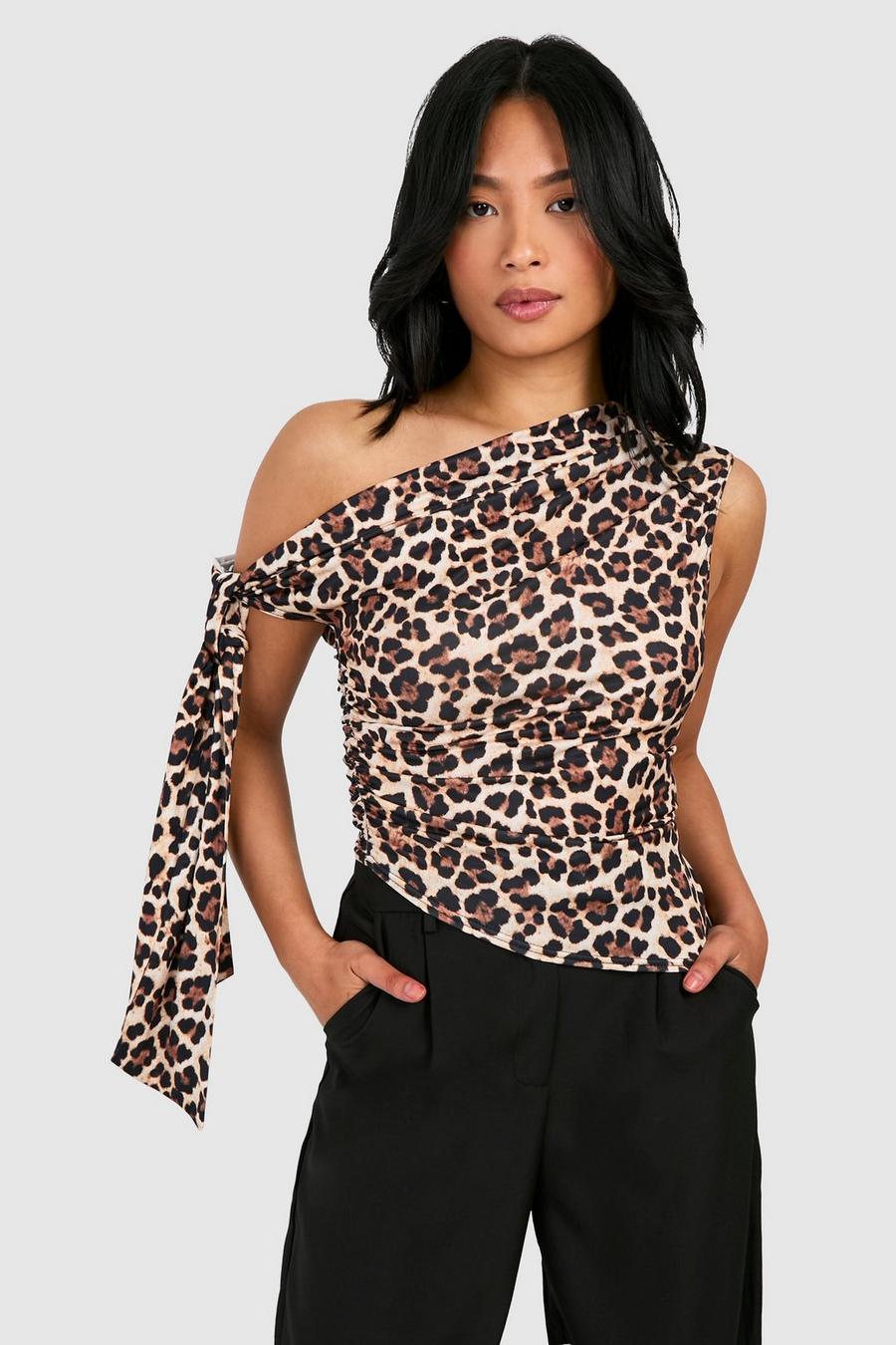 Petite - Top drapé à imprimé léopard, Brown image number 1