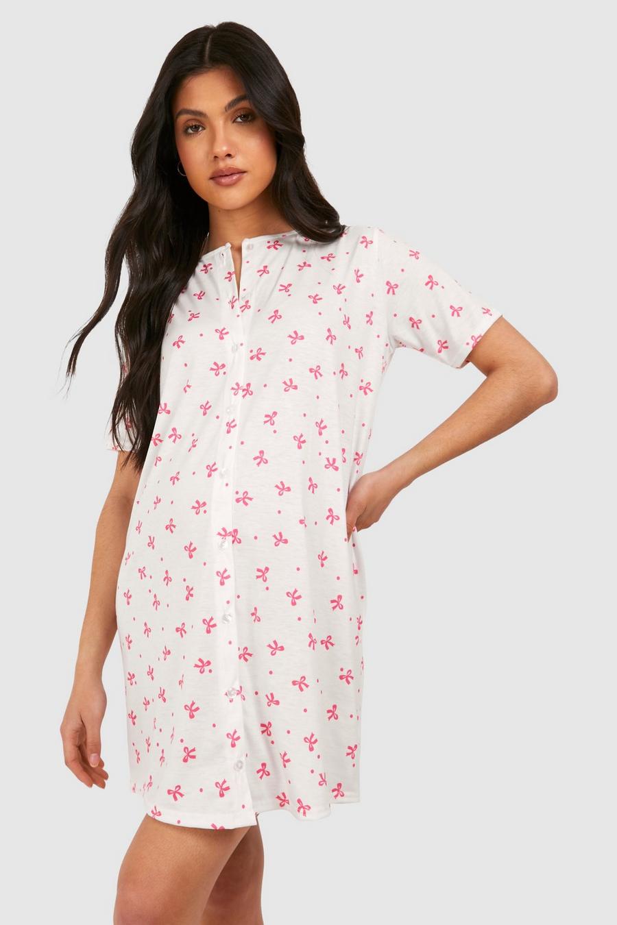 White Maternity Button Down Bow Print Nightgown