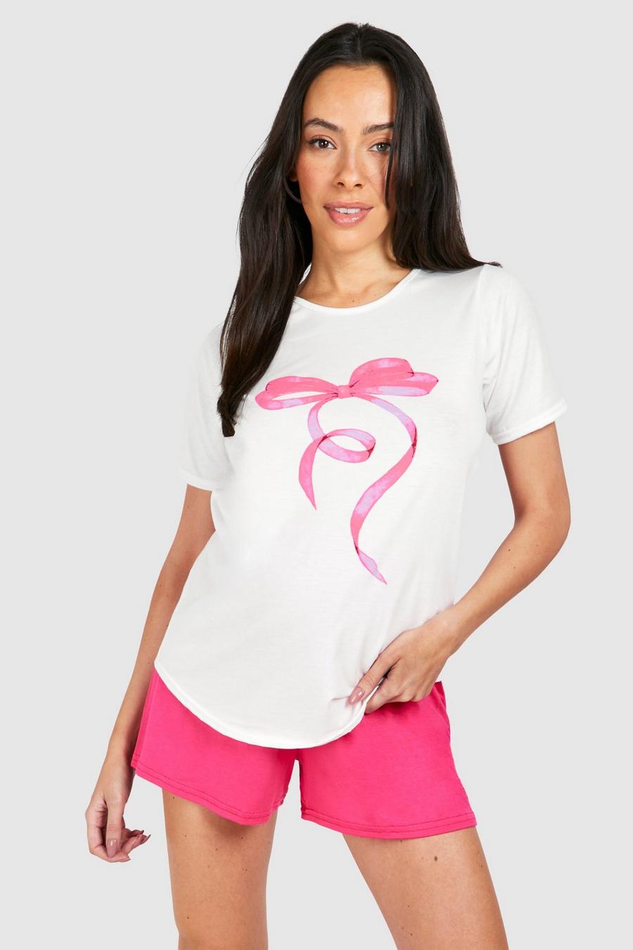 White Maternity Bow Print T-shirt And Short Pyjama Set image number 1