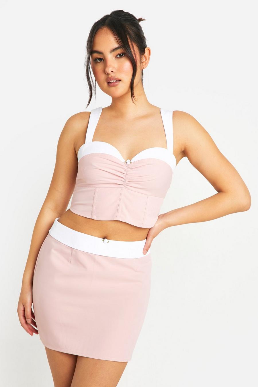 Mini-jupe fleurie à taille contrastante, Baby pink