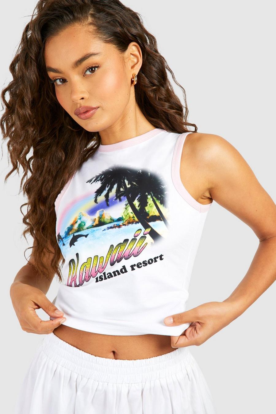 White Hawaii Printed Contrast Racer Crop Vest 