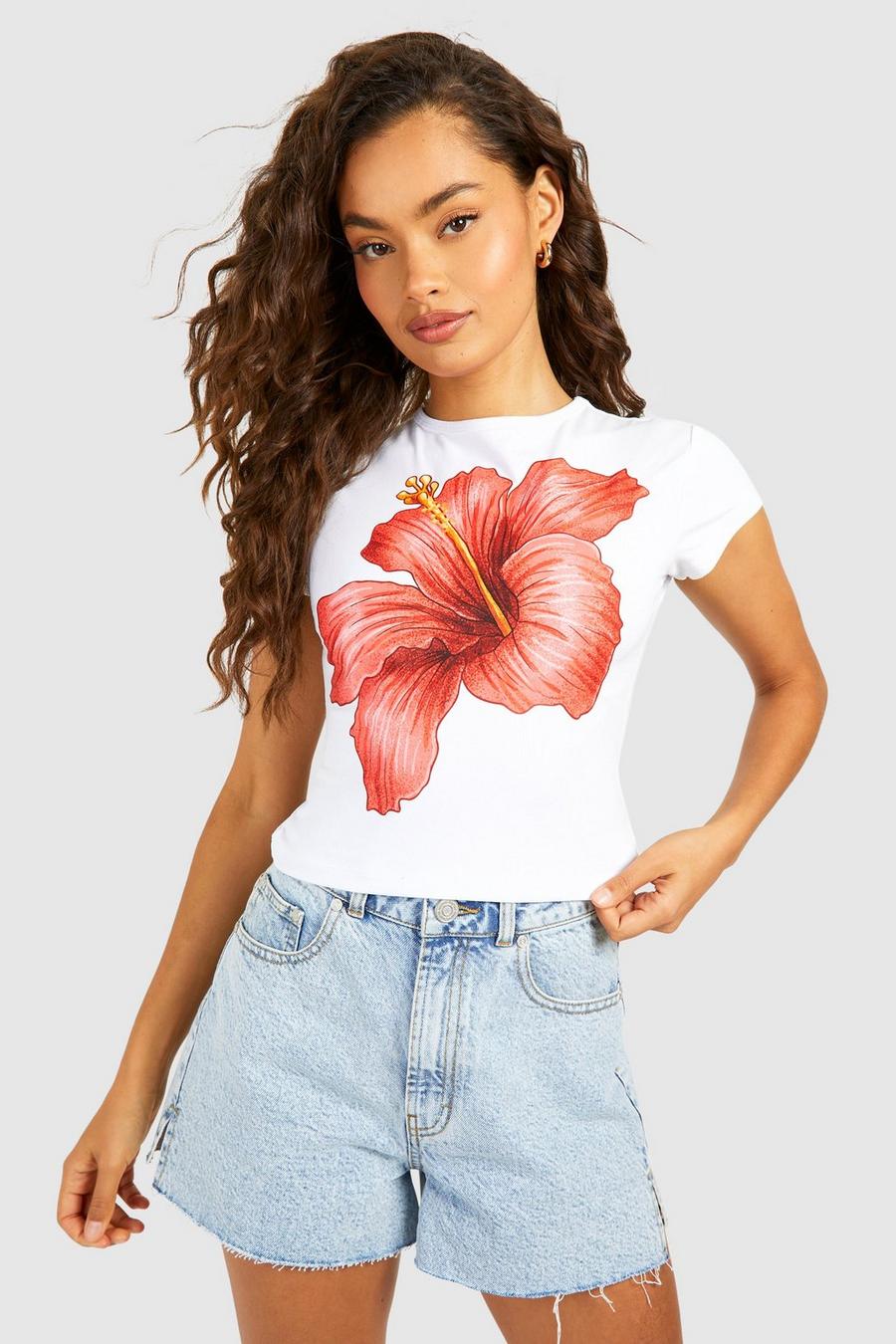 T-shirt corto con stampa di fiori e maniche ad aletta, White image number 1