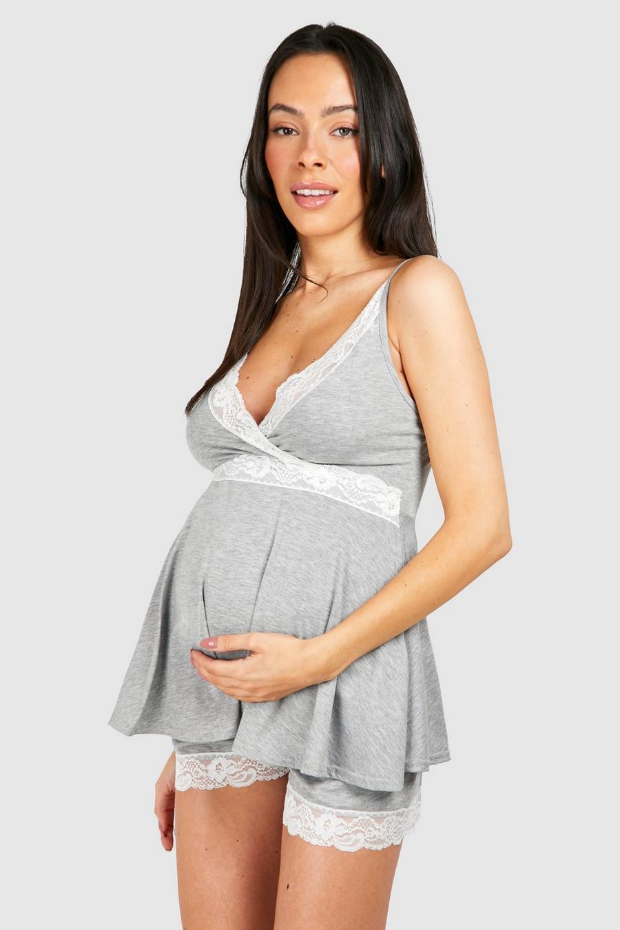 Grey Maternity Lace Trim Cami And Short Pajama Set
