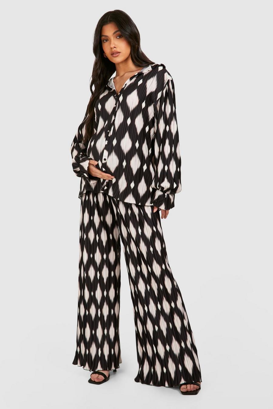Black Maternity Printed Plisse Oversized Shirt And Pants Co-Ord