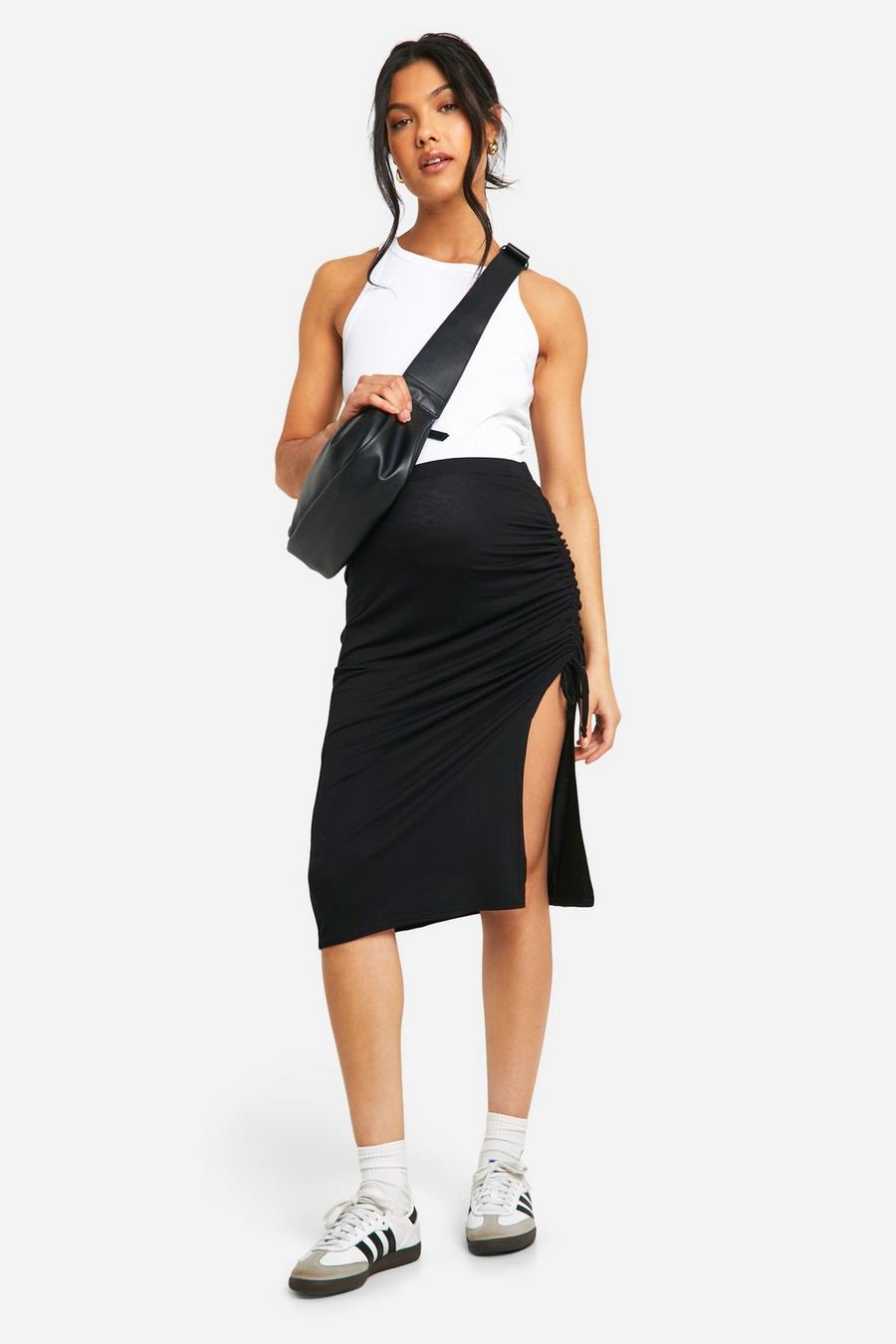 Black Maternity Jersey Knit Ruched Midi Skirt