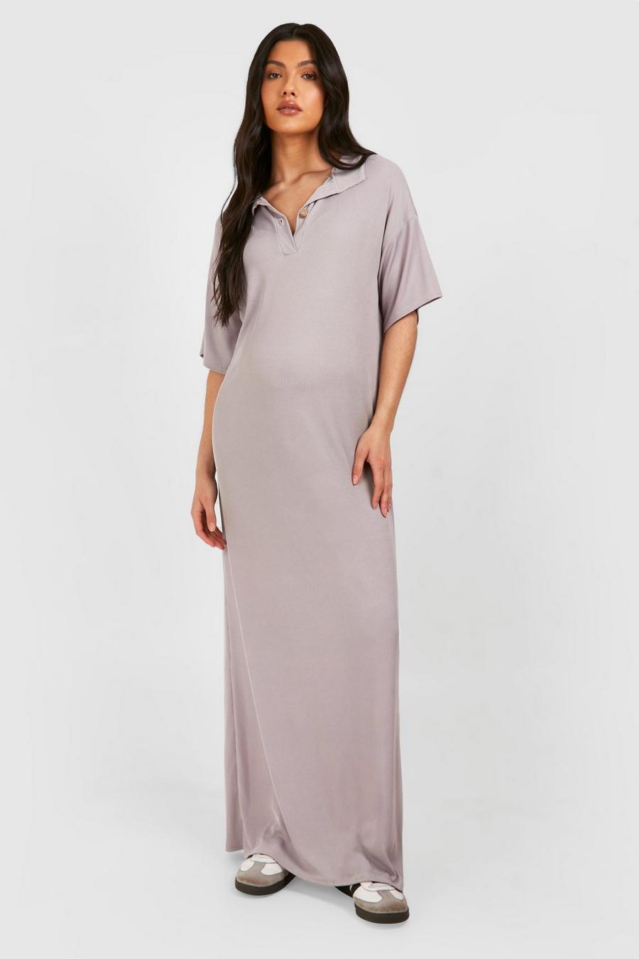 Grey Maternity Ribbed Collared Maxi T-shirt Dress