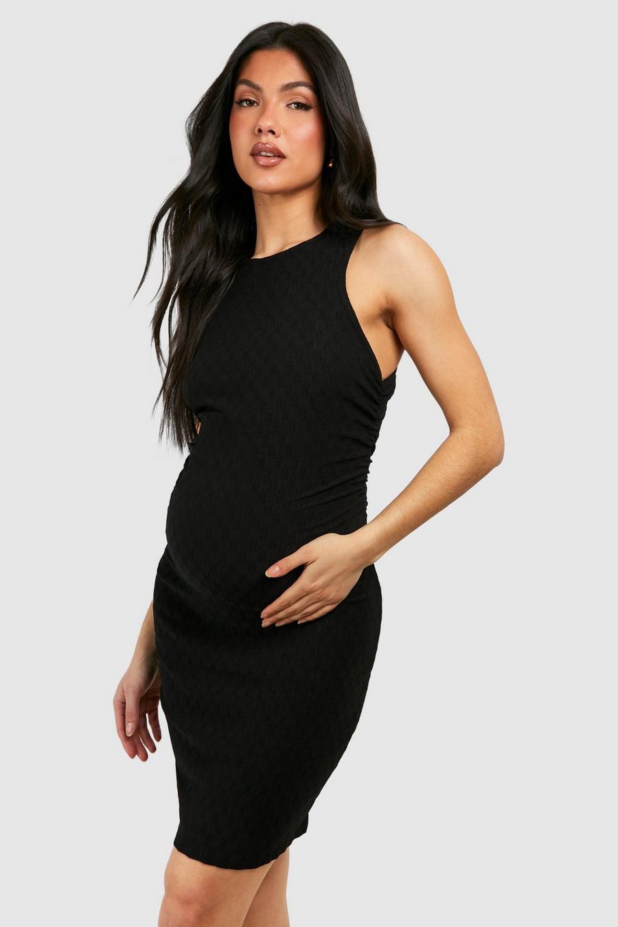 Black Maternity Racer Neck Textured Ruched Side Mini Dress