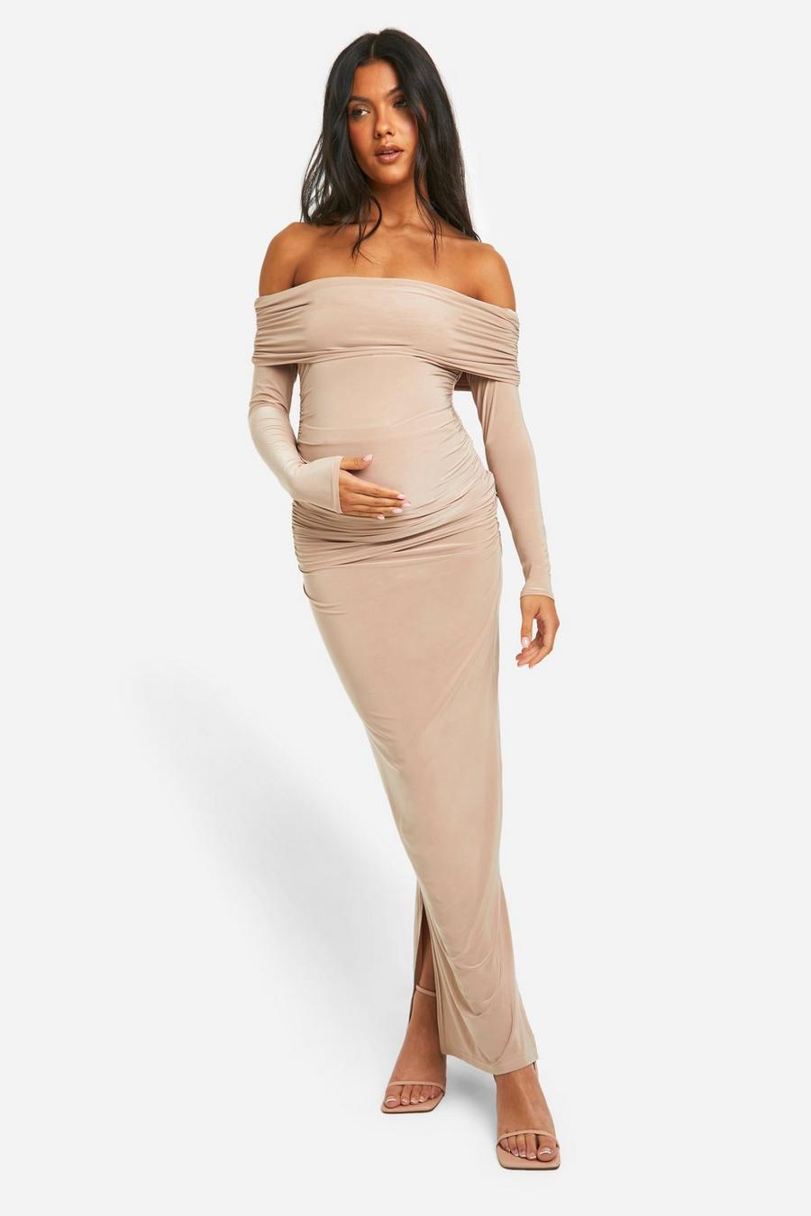 Taupe Maternity Slinky Ruched Top And Skirt Co-ord