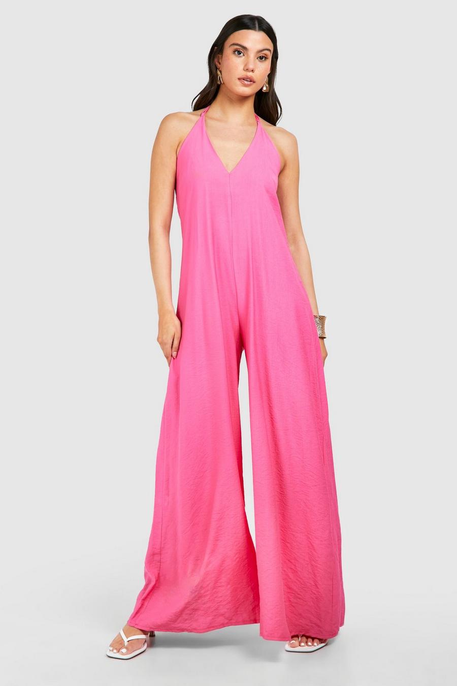 Pink Jumpsuit i linneimitation med halterneck och vida ben