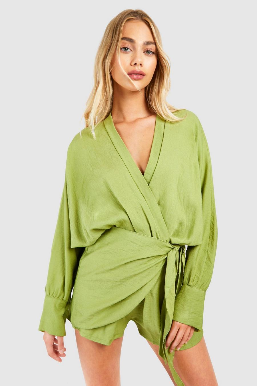Lime Linen Look Wrap Playsuit image number 1
