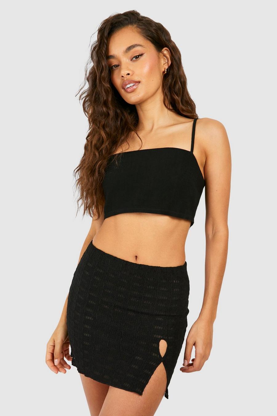 Black Textured Jersey Cut Out Detail Mini Skirt  
