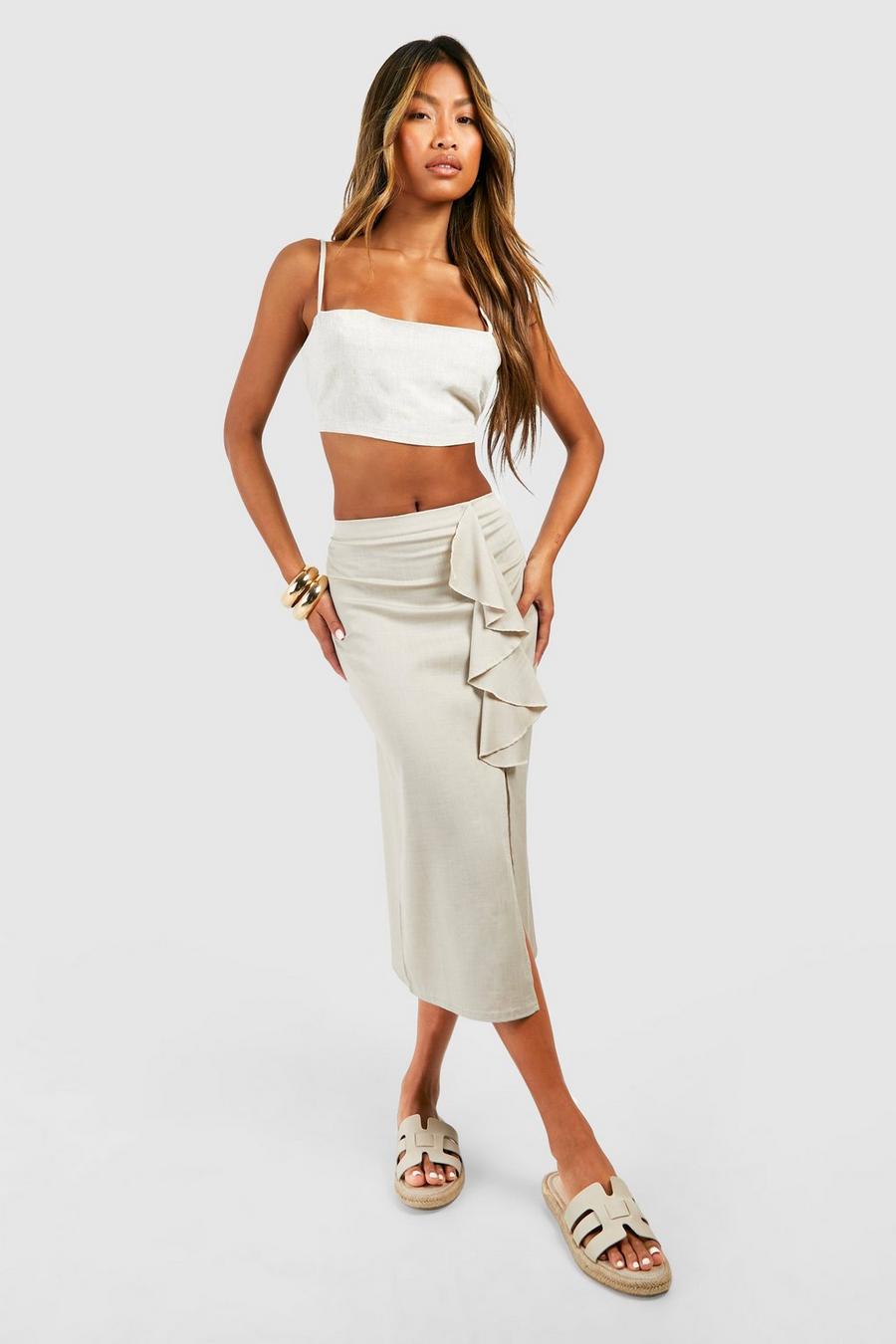 Natural  Linen Frill Midi Skirt 