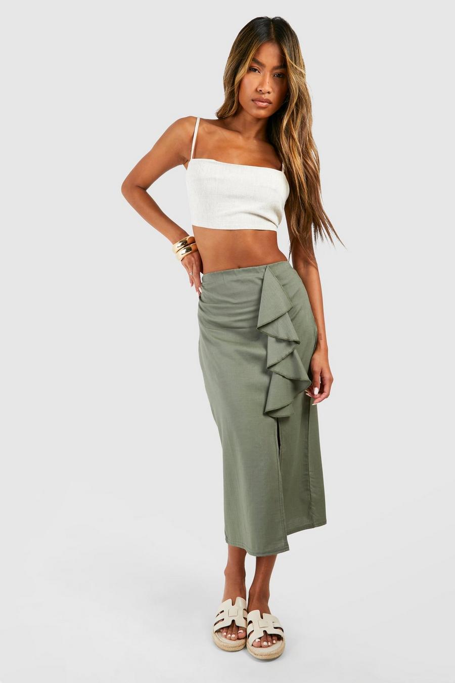 Khaki Linen Frill Midi Skirt  