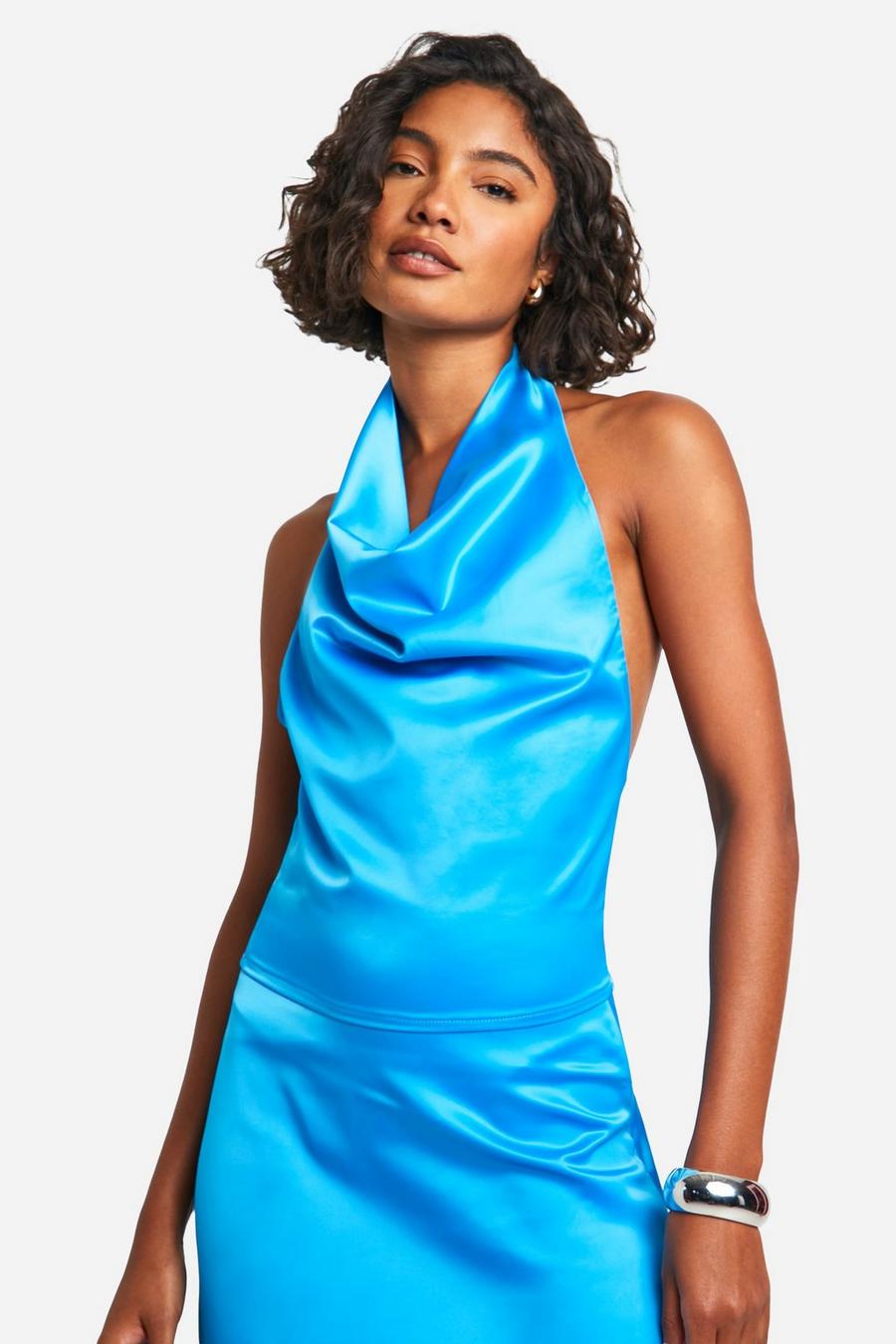 Blue Tall Heavy Satin Cowl Neck Top  image number 1