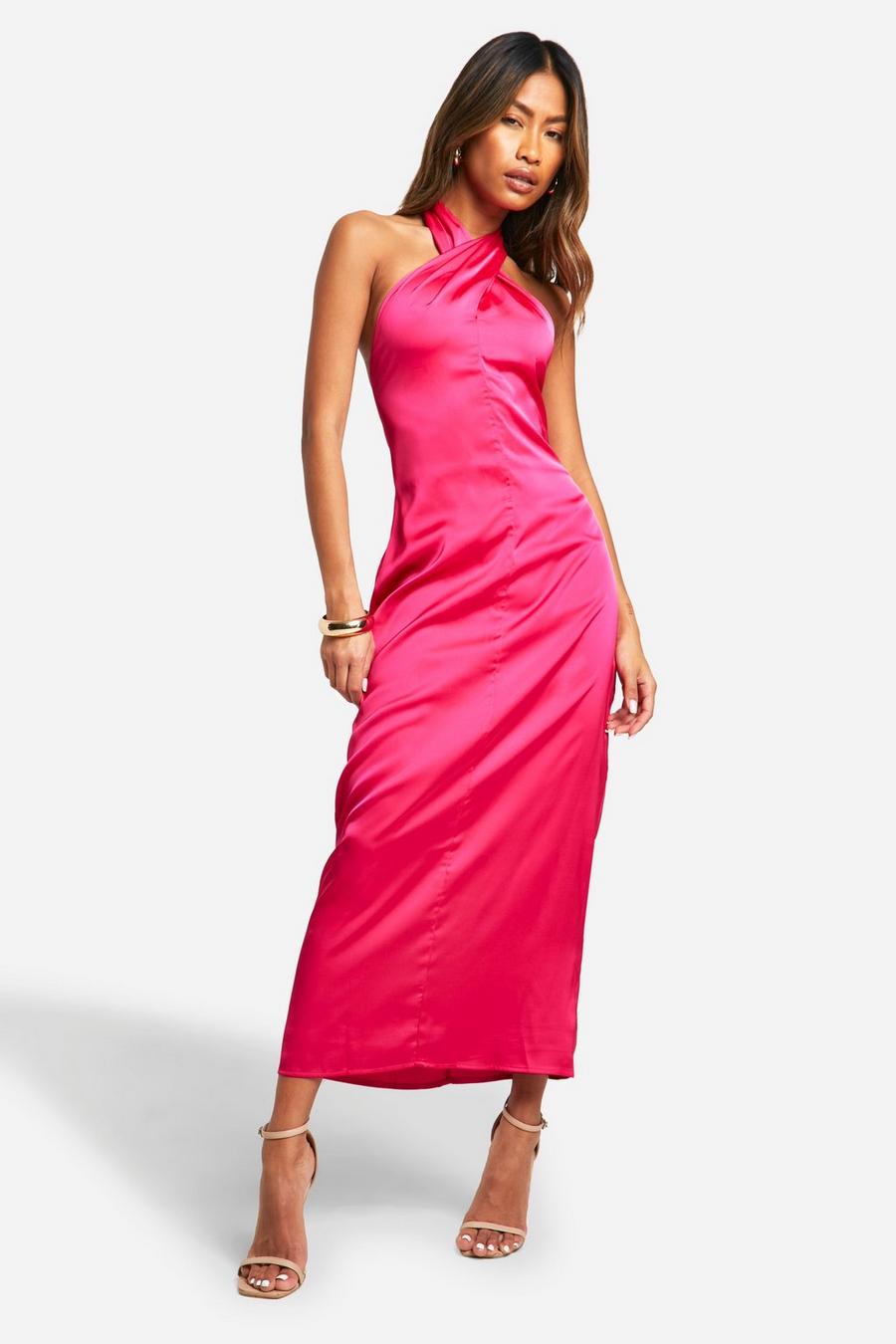 Hot pink Satin Twist Neck Midi Dress