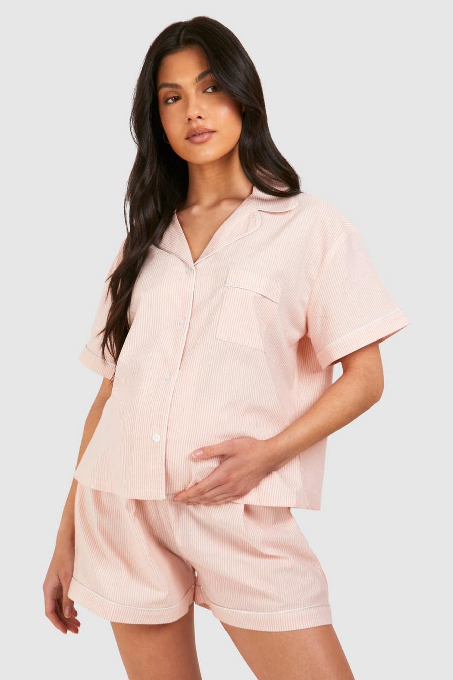 Maternité - Ensemble de pyjama de grossesse rayé en coton à manches courtes, Pale orange