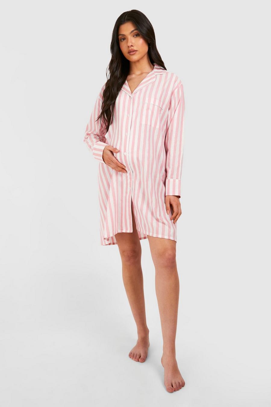 Pink Maternity Cotton Stripe Button Down Night Shirt image number 1