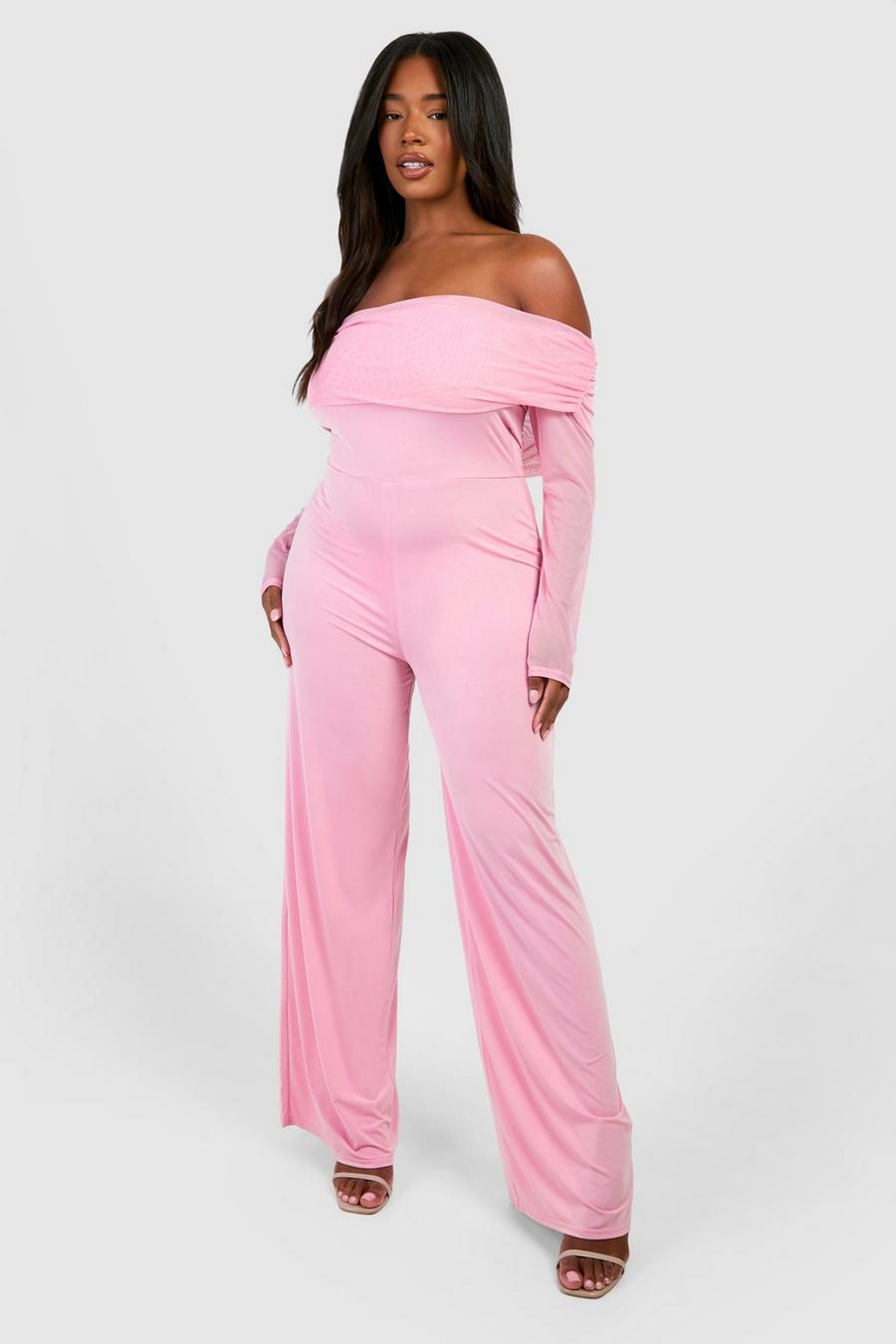 Pink Plus Jumpsuit i mesh med vida ben