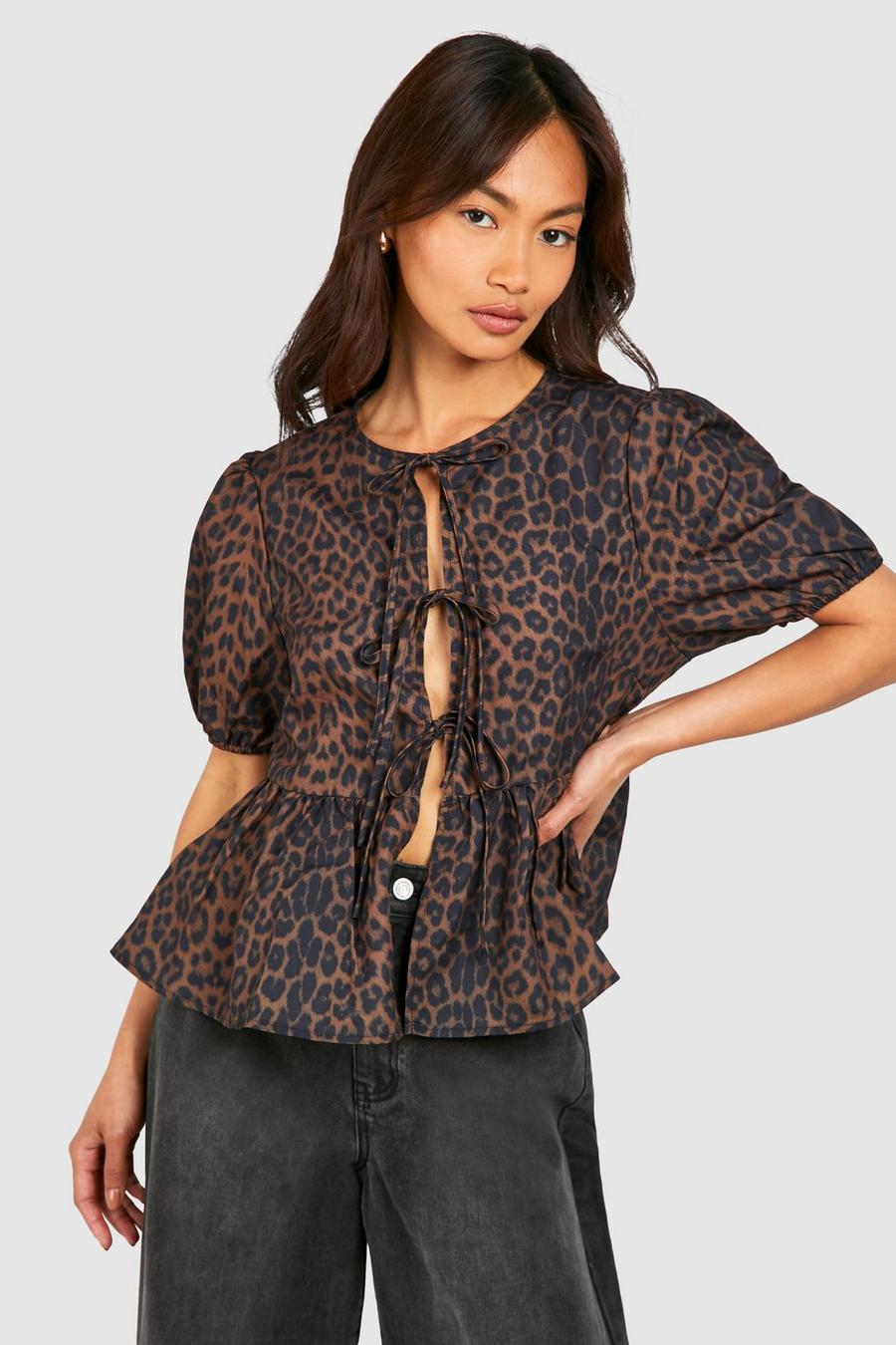 Brown Leopard Puff Sleeve Bow Tie Top  image number 1