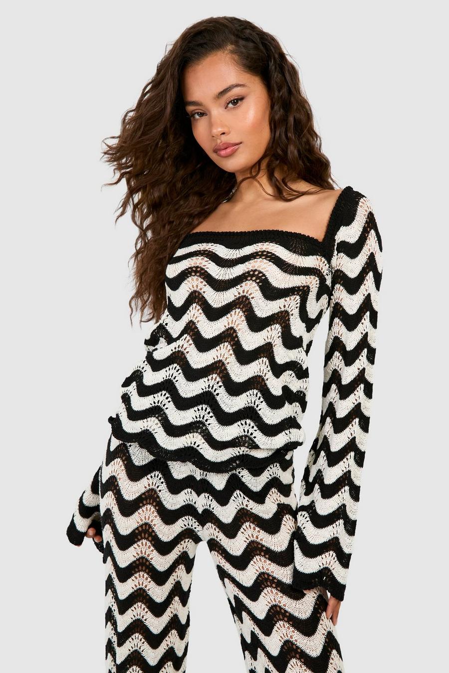Black Zig Zag Crochet Knitted Long Sleeve Top image number 1