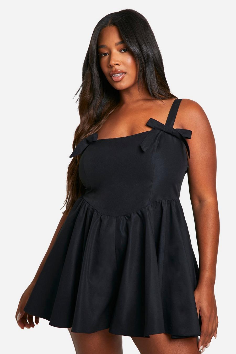 Black Plus Woven Bow Strappy Floaty Playsuit 