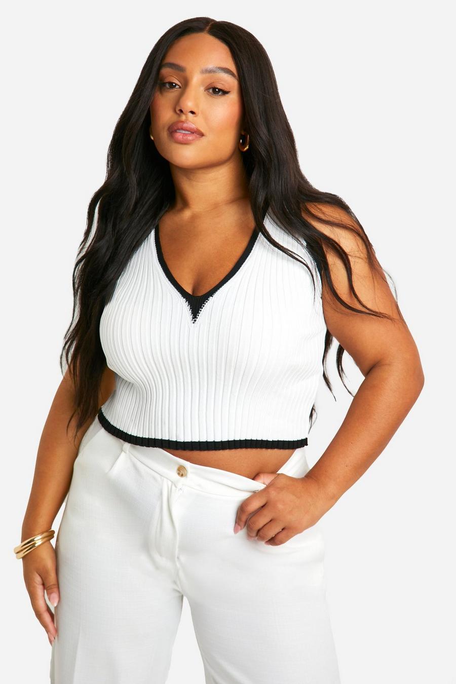 White Plus V Neck Knitted Crop Top 