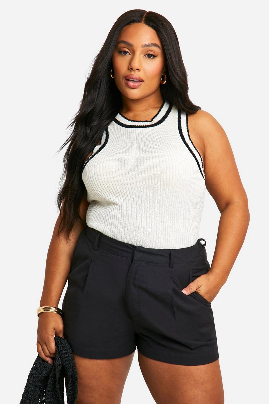 White Plus Knitted Racer Neck Top 