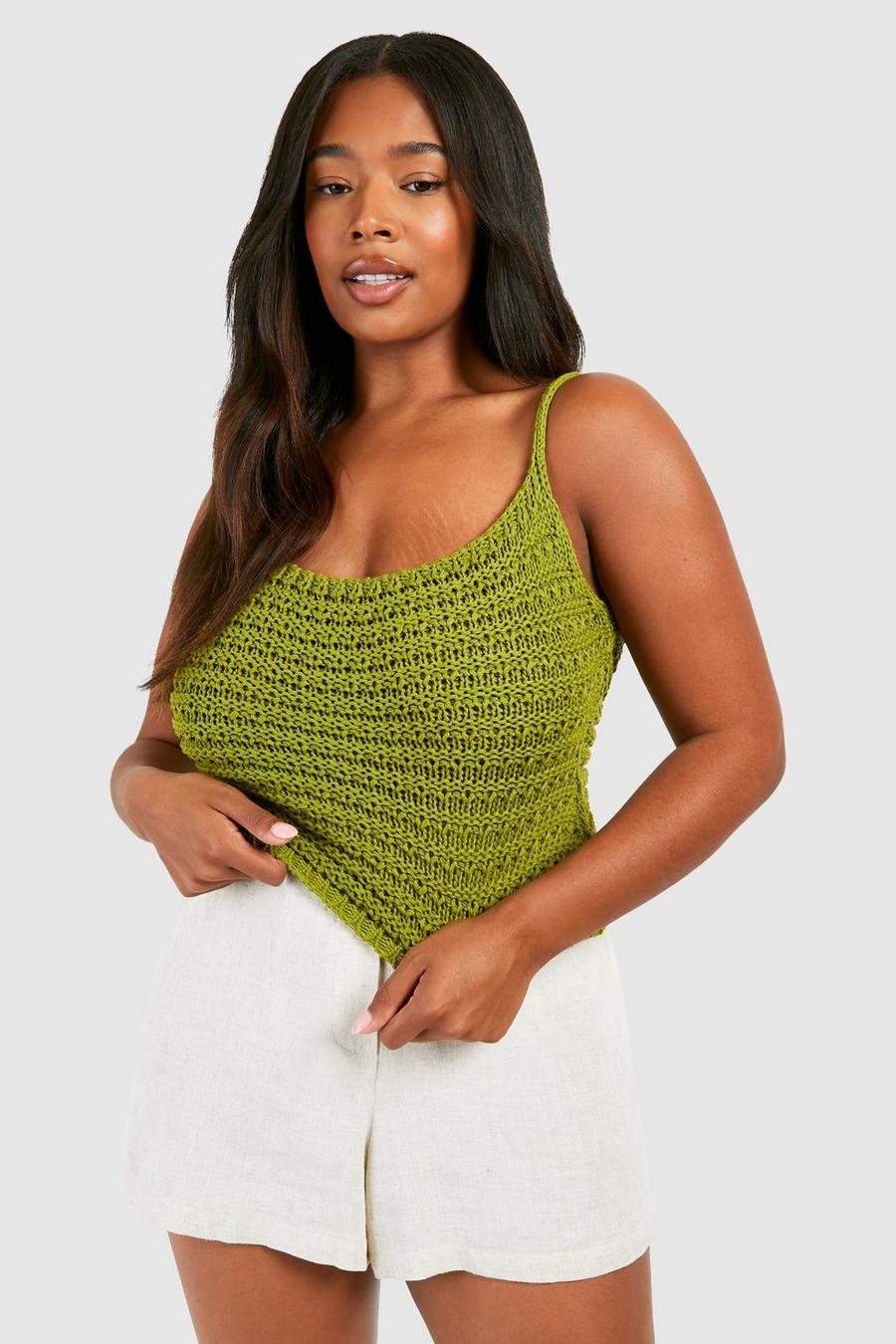 Khaki Plus Strappy Knitted Top  image number 1
