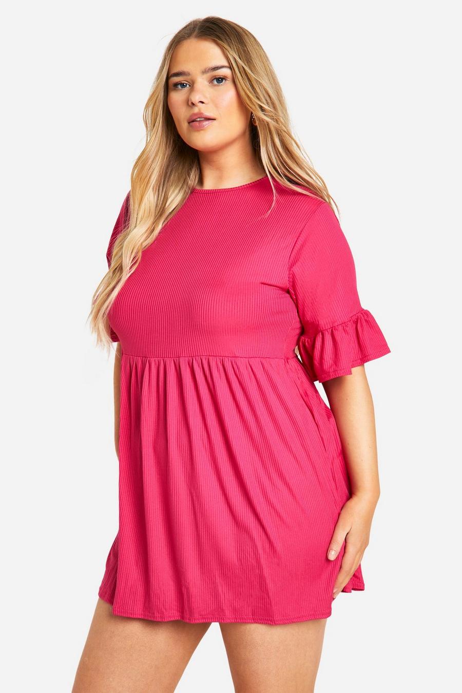 Hot pink Plus Ribbad klänning med volangärm image number 1