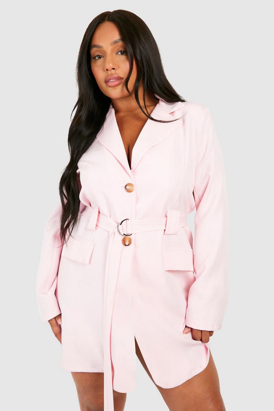Vestido americana Plus utilitario de lino con cinturón, Baby pink image number 1