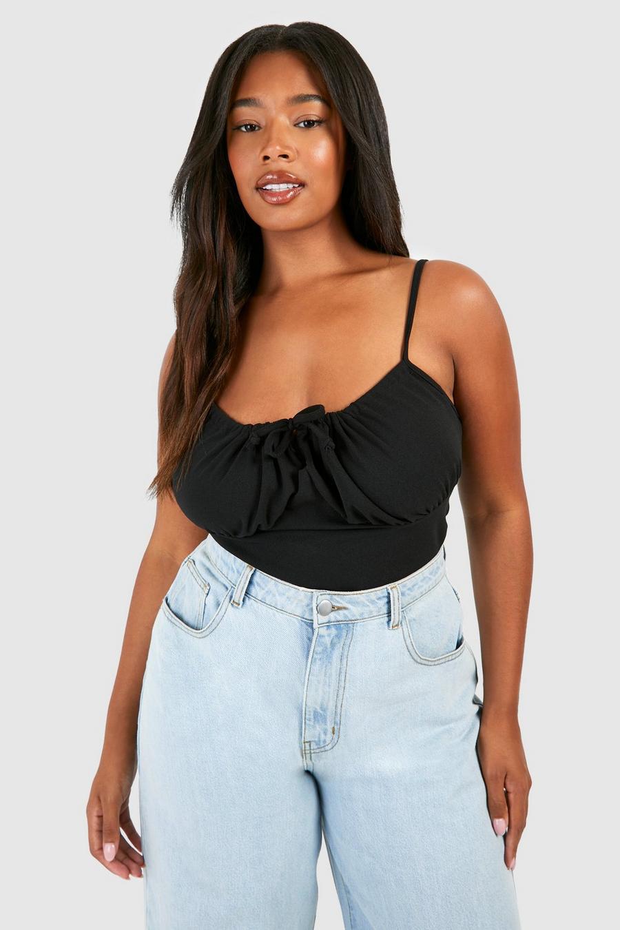 Plus Tie Front Ruched Bodysuit, Black