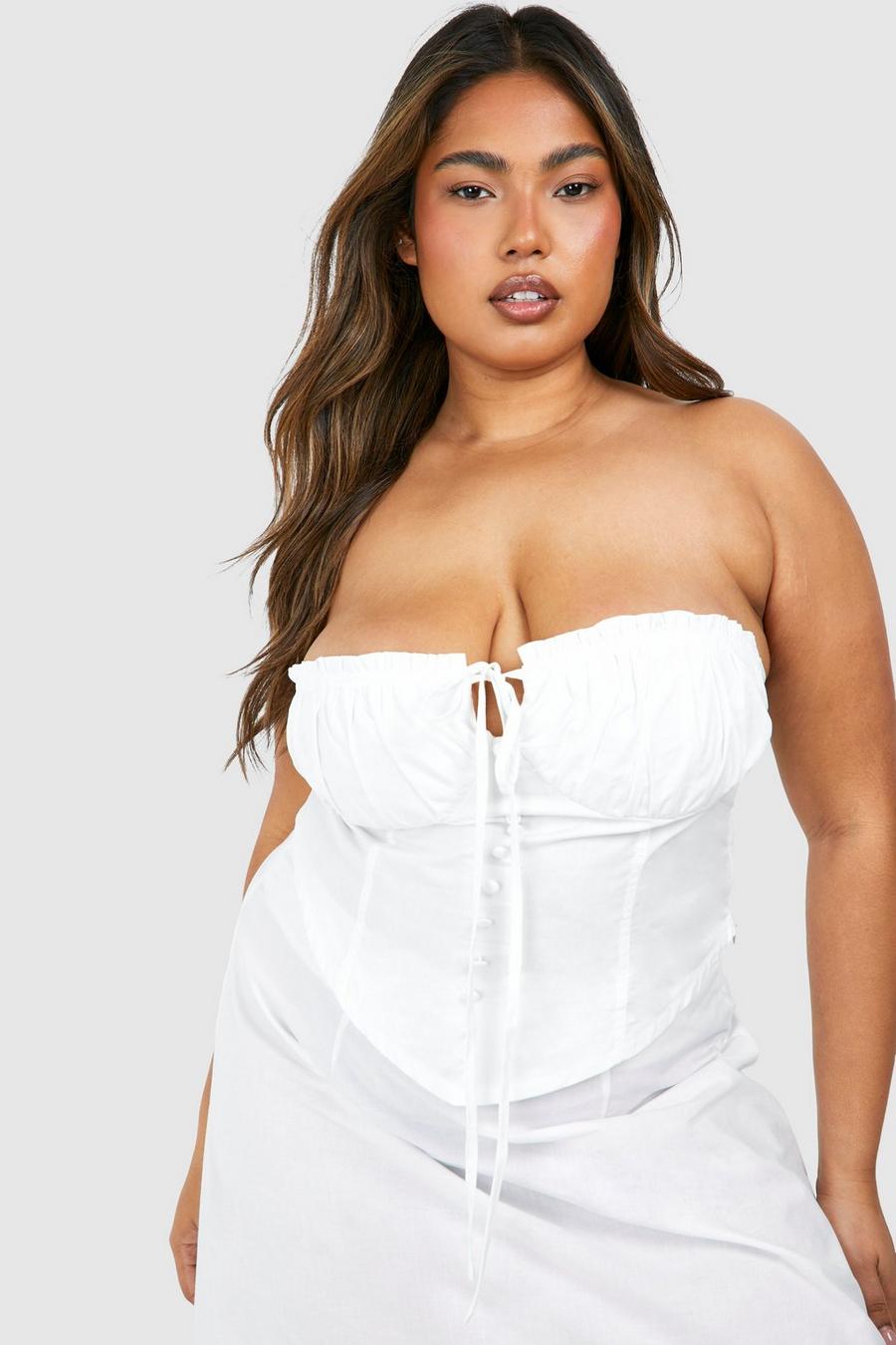 White Plus Tie Front Cotton Corset Top