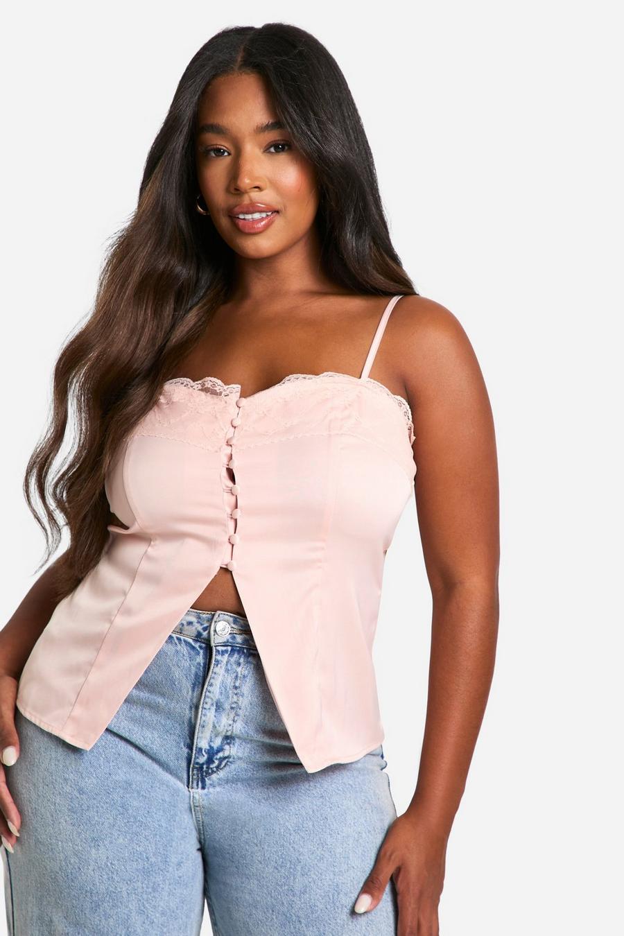Baby pink Plus Button Front Lace Detail Cami Top