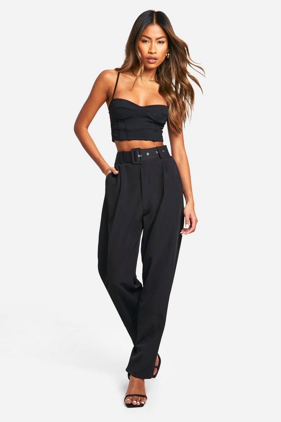Black Self Fabric Belted Ankle Grazer Pants image number 1